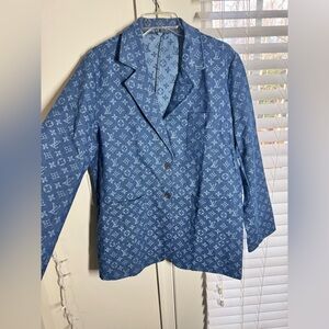 Blue Denim Set; Patterned Blazer and Shorts, No Brand